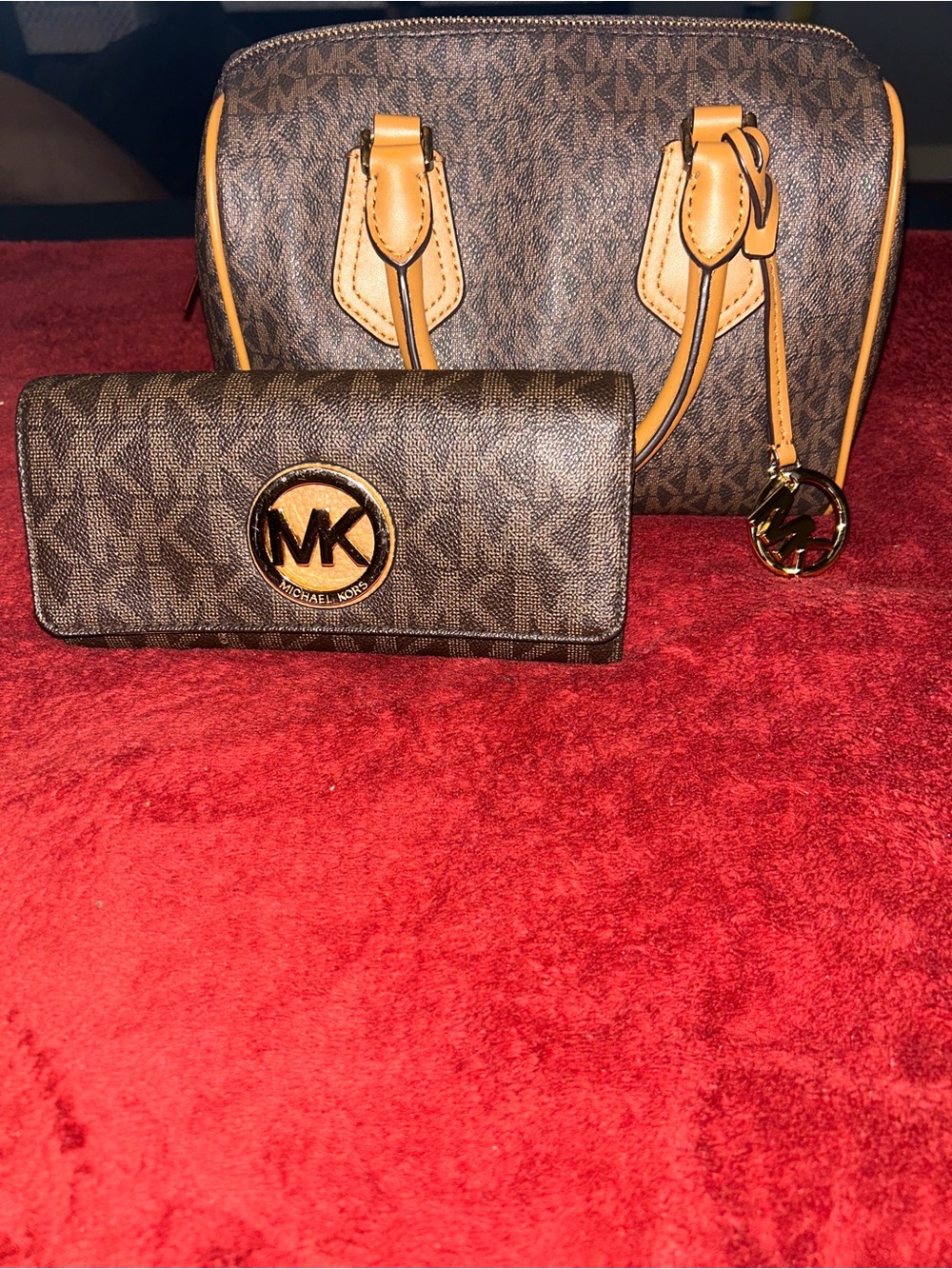 Michael Kors Brown Signature MK Satchel and Wallet Set with Tan Trim